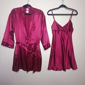 Silk and Satin Silk Slip Dress & Robe Set - Size S/M - Burgundy